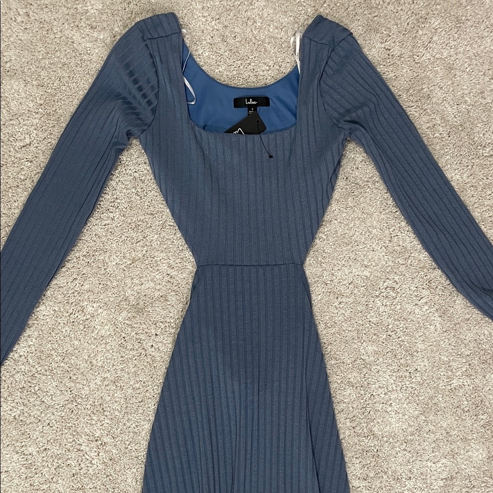 Lulu's Ribbed Long Sleeve Blue Dress